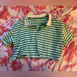 Aerie Green and White Striped cropped Polo Shirt